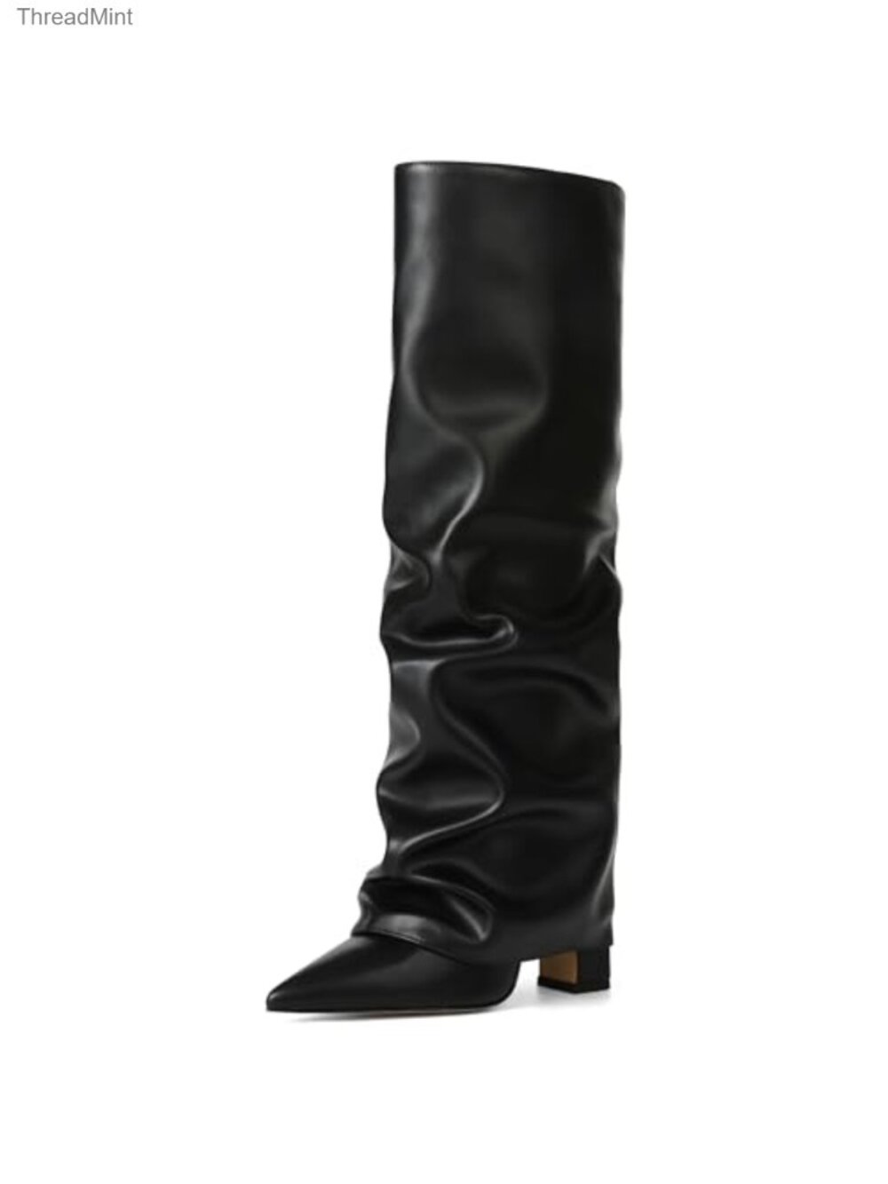 Slouchy Knee High Boots Pointed Toe Fold Over Chunky Heel Women's